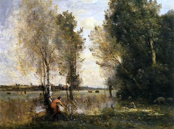  Jean-Baptiste-Camille Corot Woman Picking Flowers in a Pasture - Canvas Art Print