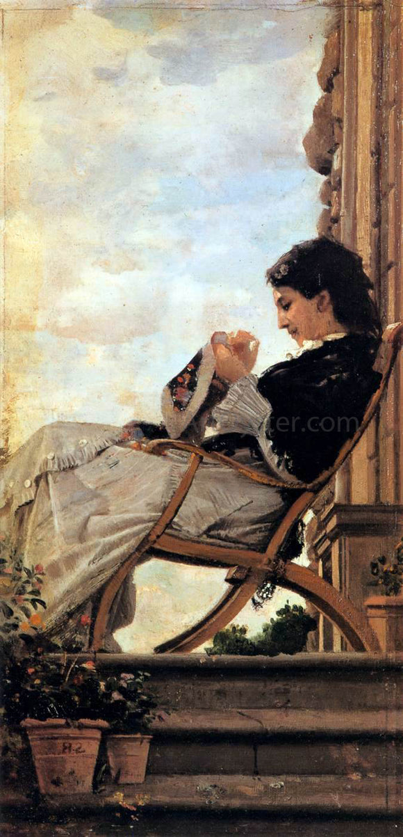  Cristiano Banti Woman Sewing on the Terrace - Canvas Art Print