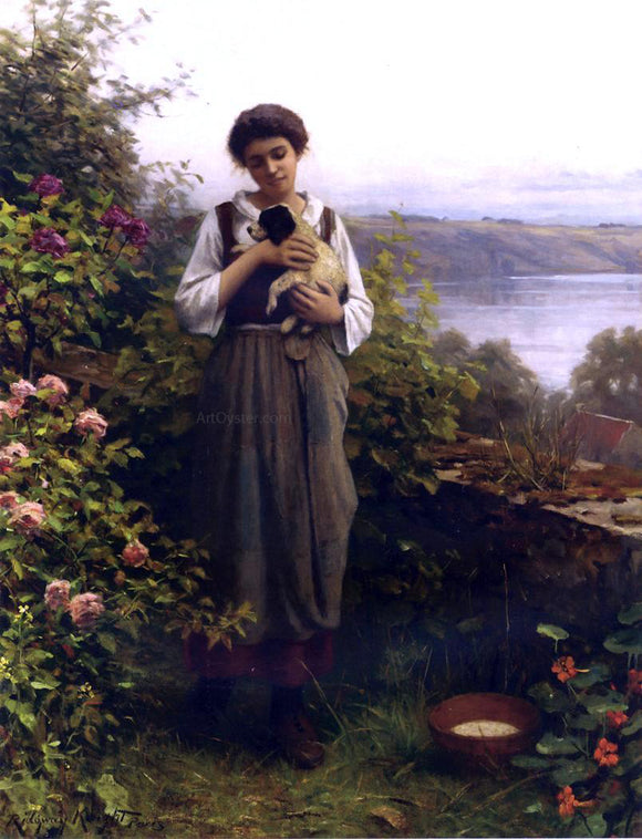  Daniel Ridgway Knight Young Girl Holding a Puppy - Canvas Art Print