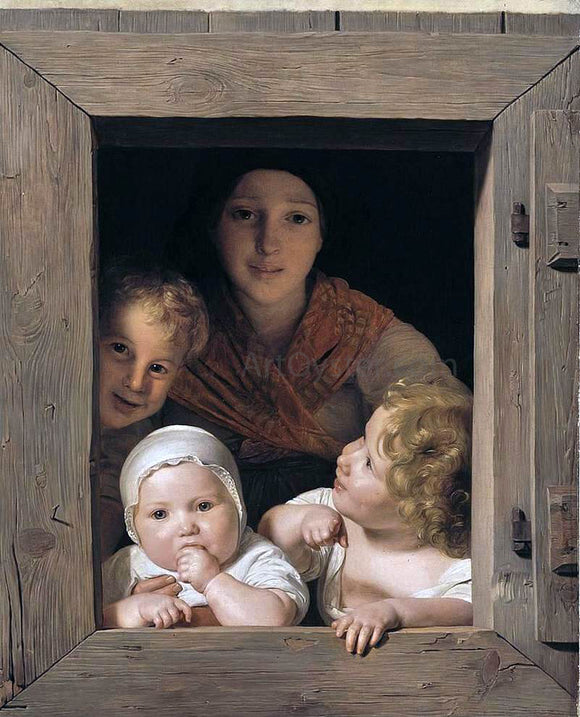  Ferdinand Georg Waldmuller Young Peasant Woman with Three Children at the Window - Canvas Art Print