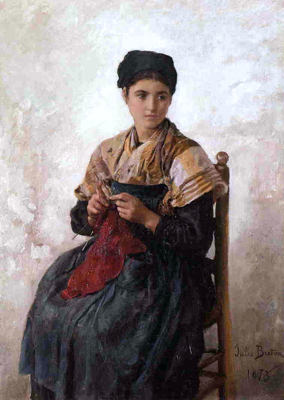  Jules-Adolphe Breton Young Woman Knitting - Canvas Art Print