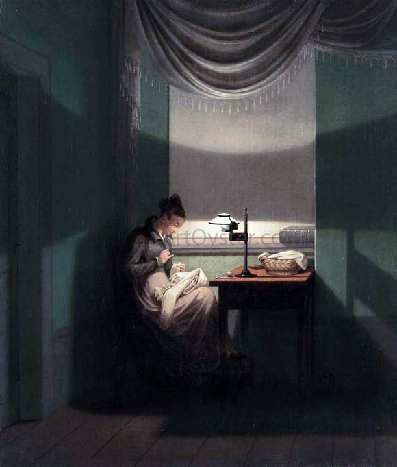  Georg Friedrich Kersting Young Woman Sewing by the Light of a Lamp - Canvas Art Print