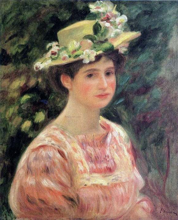  Pierre Auguste Renoir Young Woman Wearing a Hat with Wild Roses - Canvas Art Print